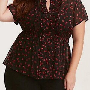 TORRID Retro Chic Black Cherry Print Short Sleeve Ruffle Chiffon Blouse Size 2
